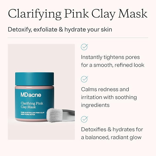 MDacne Clarifying Clay Face Mask - Deep Pore Detox with Australian Pink Clay - Detoxifying, Exfoliating & Brightening - Reduce Skin Redness & Irritation for Sensitive Acne-Prone Skin (3 Pack)