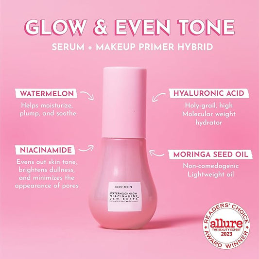 Glow Recipe Watermelon Niacinamide Dew Drops, Travel Size - Brightening, Plumping Hydrating Face Serum, Makeup Primer + Liquid Highlighter with Hyaluronic Acid - Dewy & Glowing Korean Skin Care (15ml)