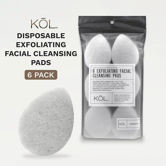 KOL Face Scrubber Pads, Unscented Exfoliating Facial Cleansing Sponges with Vitamin E for Gentle Daily Face Wash and Makeup Removal, 6 Count