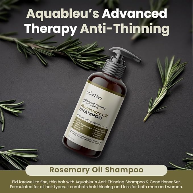 Aquableu Advanced Therapy Anti-Thinning Rosemary Oil Shampoo with 14 All-Natural Ingredients for Volume, Strength, and Thickness (16oz)