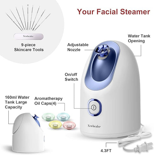 Newbealer Facial Steamer, Mini Aroma Face Steamer, Nano Ionic Hot Mist Face Humidifier for Facial Deep Cleaning, Home Sauna Spa Sprayer with 9 Pieces Acne Remover Kit (Blue, 160ml)