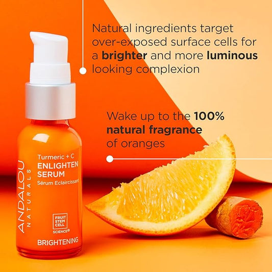 Andalou Naturals Turmeric + Vitamin C Enlighten Serum | Illuminating Face Treatment for Uneven Tone & Sun Damage | With Turmeric and Fruit Stem Cells | 1.1 fl oz