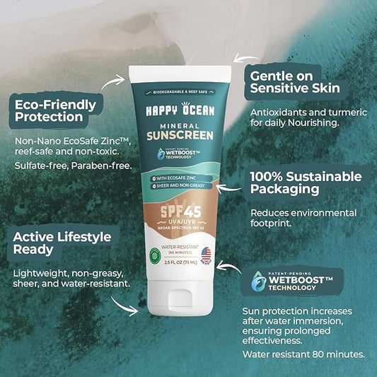 SPF 45 Biodegradable Reef Safe Sunscreen for Face & Body, Non-Nano Zinc Oxide, Natural Fragrance Free Non Toxic Organic Mineral Sunscreen, Travel Size Reef Friendly Mineral Based 2.5 Fl Oz