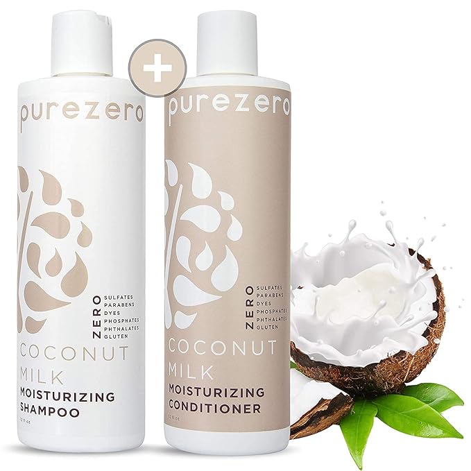 Purezero Coconut Milk Shampoo & Conditioner Set - 100% Vegan & Cruelty Free - Intense Hydration & Increase Shine - Zero Sulfates, Parabens, Dyes - Fight Dandruff & Frizz