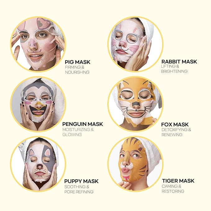 Epielle Animal Character Sheet Masks | Korean Beauty Masks for All Skin Types | Pack of 6 | Face Mask, Birthday Party Gift, Girls' Night, Spa Day, Spa Night | Korean Skincare, Spa Gifts for Women