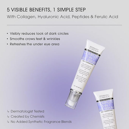 Advanced Clinicals 5-in-1 Eye Serum | Multi-Benefit Visible Anti Aging Under Eye Serum Face Moisturizer Reduces Appearance Of Dark Circles, Puffy Eyes, Crows Feet, Wrinkles, & Fine Lines, 2-Pack
