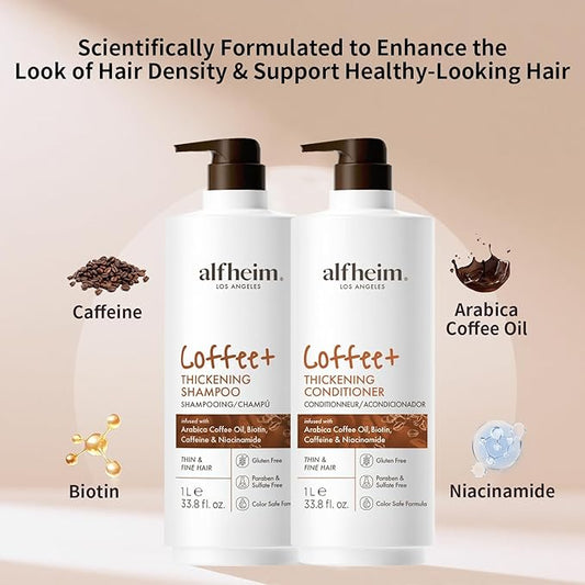 Alfheim Caffeine Infused Shampoo and Conditioner Set | Caffeine, Keratin & Niacinamide | Fortifies Fragile Hair & Control Scalp Balance | Sulfate-Free for Fine & Color Treated Hair | 33.8 Oz Each
