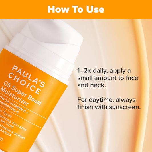 C5 Super Boost Vitamin C Moisturizer β 5% Stabilized Vitamin C + Squalane | Brightening Face Lotion for Uneven Skin Tone, Discoloration, Fine Lines & Acne-Prone Skin | Daily Fragrance-Free Anti-Aging Cream