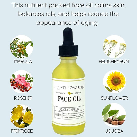 Yellow Bird Nourishing Face Oil - All Natural Hydrating, Anti Aging Facial Serum. Includes Jojoba, Marula, Primrose, & Rosehip for Restoring Skin