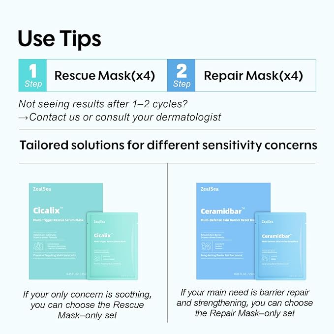 ZealSea Cicalix & Ceramidbar Face Masks Skincare Set, Derm Solution Sheet Mask for Multi-Trigger Sensitivity, Soothing & Calming, Strengthen & Restore Skin, Facial Mask with Cica & Ceramide, 8 Pack