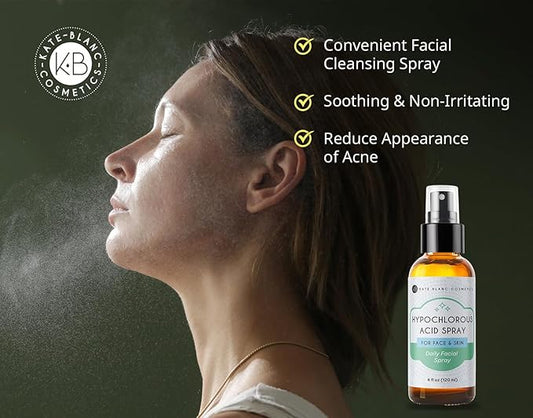 Kate Blanc Cosmetics Hypochlorous Acid Spray for Face and Skin. Gentle Facial Cleanser for Acne and Body with .02% HOCl (4oz)
