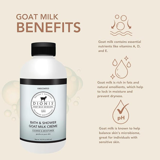 Dionis Goat Milk Skincare Unscented Bath Soap & Liquid Shower Crème, Skin Moisturizer & Hydrating Body Wash Made in The USA, Cruelty Free Shower Gel For Sensitive Skin, 14.5 oz Bottle
