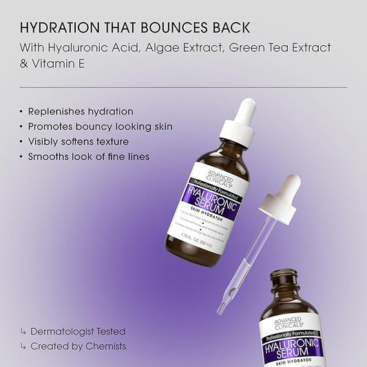 Advanced Clinicals Hyaluronic Acid Serum For Face | Moisturizing Facial Skin Care Products | Hydrating Serum For Face Helps Improve Look Of Wrinkles, Fine Lines, & Uneven Dry Skin Texture, 2-Pack