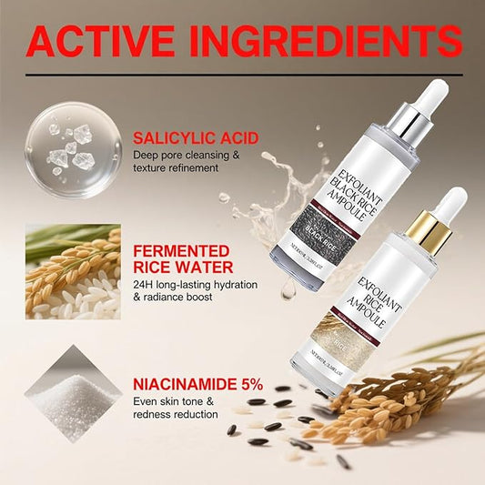 Glow Rice Ampoule Duo Day & Night - 2PCS White & Black Rice Peeling Ampoule for Face & Body, Gentle Peel to Remove Dead Skin & Blackheads, Rejuvenating Hydration Exfoliant for All Skin Types 100ml