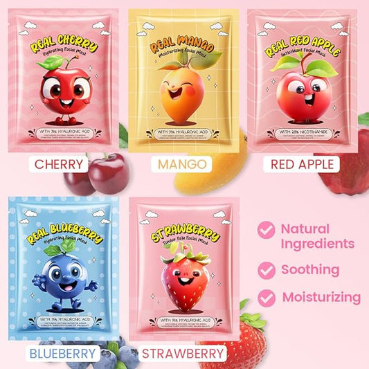 Kaely 10 Pack Fruit Face Masks for Kids, Kids Face Mask Spa Day Kit Supplies, Spa Party Favors for Teens Girls Women, Sheet Facial Mask Skincare Gifts Set, Moisturize Soothe for All Skin Types, 02