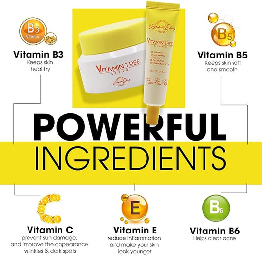 100% Certified Vegan Vitamin Tree Cream. Contains Vitamin C, Provitamin B5, vitamin E & B3. Effective Against Acne & Dark Spots and Sun Damage. Anti-Aging, Anti-Wrinkle Day and Night Cream with Natural Ingredients. 1,69 oz – Made in Korea (Face Cream)
