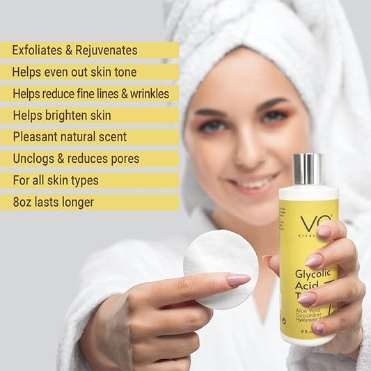Glycolic Acid Toner for Face - Anti Aging, Pore Minimizer for Face, Exfoliating Toner - with Aloe Vera, Cucumber, Hyaluronic Acid - AHA - Alcohol Free - for All Skin Types - by Vital Affair.