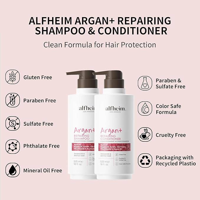 Alfheim Argan Repairing Shampoo & Conditioner | Sulfate-Free, Paraben-Free | Argan Oil, Keratin & Niacinamide for Dry, Damaged, Color-Treated Hair | Moisturizing, Strengthening & Frizz Control|18oz*2