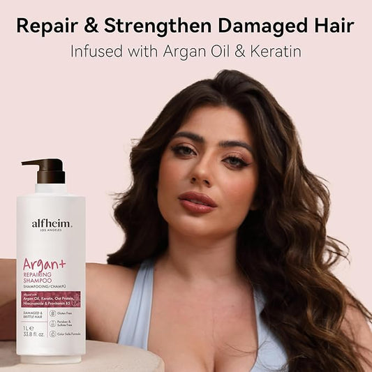 ALFHEIM Argan+ Repairing Shampoo | Argan Oil & Hydrolyzed Keratin for Deep Hydrating & Strengthening | Sulfate-Free for Dry, Damaged & Fragile Hair | Reduce Breakage and Frizz | 33.8 fl oz