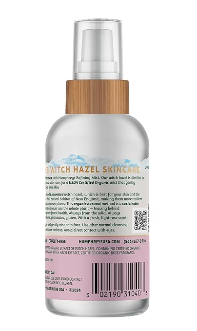 Humphreys Witch Hazel Refining Toner Mist Spray | Pore-Refining Facial Toner | USDA Organic| Soothing Rose Water | Travel Size 3.3 Fl Oz | Vegan & Cruelty-Free | for All Skin Types