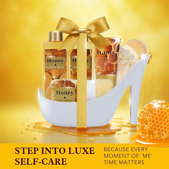 Gifts for Women, Honey Spa Gift Basket for Women, Bath Set with Golden Bath Bombs & Skin-Repairing Butter, Anniversary Gifts for Her, Wife, Girlfriend