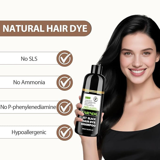 Jet Black Hair Dye Shampoo Ammonia-free & PPD-free, Natural Herbal Ingredients 3 in 1 Hair Color Shampoo for Women Men Gray Hair Coverage