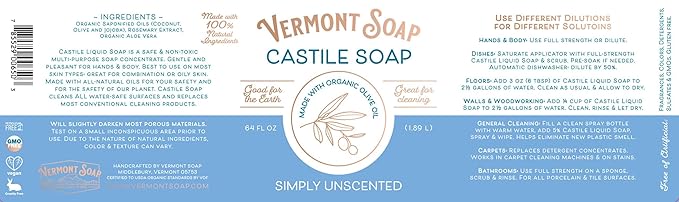 Vermont Castile Soap Unscented, Gentle Liquid Soap for Sensitive Skin & Natural Body Wash, Organic Hair Shampoo for Oily Hair, Aloe Castile Soap for Men & Women - 64 Oz