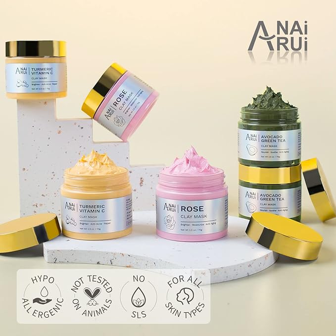 ANAI RUI Turmeric Vitamin C Clay Mask -Rose Facial Mask -Avocado Green Tea Mud Mask,Facial Mask Skincare for Deep Cleansing,Purify Pores, SPA Mask Set, Facial Mask Set Gifts Set 2.5 oz each