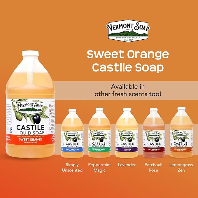 Vermont Pure Castile Soap Orange, Gentle Liquid Soap for Sensitive Skin & Natural Body Wash, Organic Hair Shampoo for Oily Hair, Aloe Castile Soap for Men & Women - 64 Oz