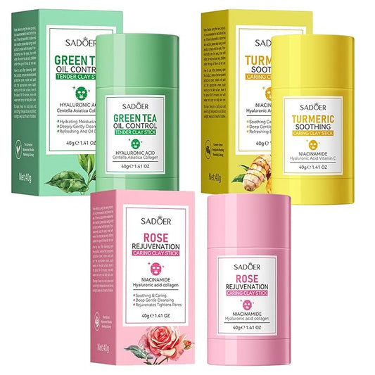 3PCS Green Tea Face Mask, Turmeric Clay Mask Rose Stick For Face, Deep Cleanse Stick Clay Blackhead Remover Poreless For Moisturizing, Oil Control For All Skin Types