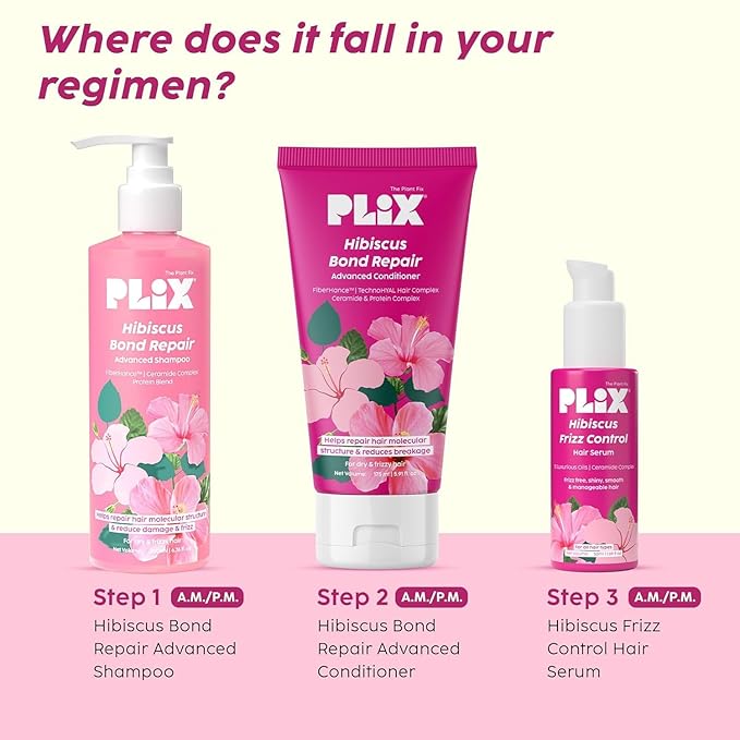 PLI.X - THE PLANT FIX Hibiscus Frizz Control Hair Serum 50ml + Bond Repair Shampoo 200ml + Conditioner 175ml | Protects & Smoothes Frizzy Hair| 3x Strength with Fiberhance