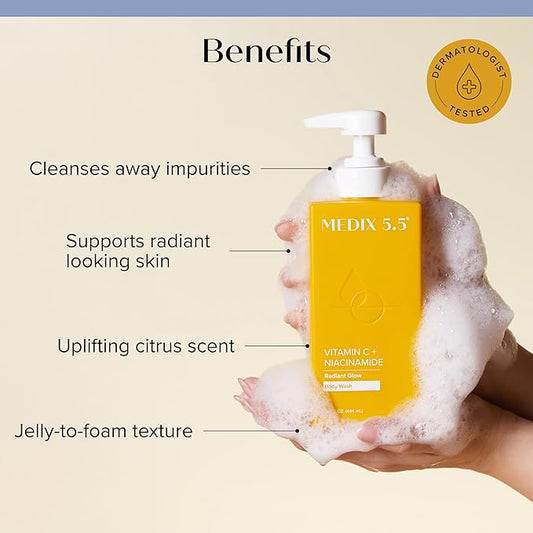 MEDIX Glycolic Acid + Lactic Acid Body Wash & Vitamin C Body Wash 2PC Skincare Bundle | Exfoliating Face Cleanser For Women, Keratosis Pilaris, & Acne + Radiant Glow Vitamin C Cleanser, 2PC Set