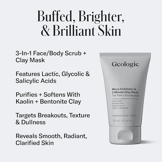 Geologie Micro Exfoliator & Clay Mask | 3-in-1 Deep Cleansing Face Wash, Pore Refining Mask & Skin Exfoliant | Tea Tree & Eucalyptus Scent For Men & Women | 4 fl oz