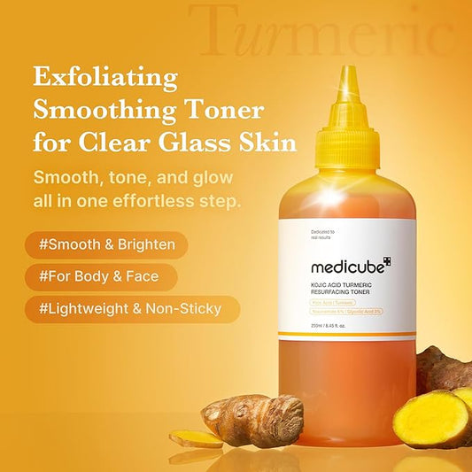 medicube Kojic Acid Turmeric Smoothing Toner for Face & Body | Lightweight Toner for Balancing Uneven Skin Tone & Texture | Niacinamide, Glycolic Acid for Clear Glass Skin | 8.45 fl.oz