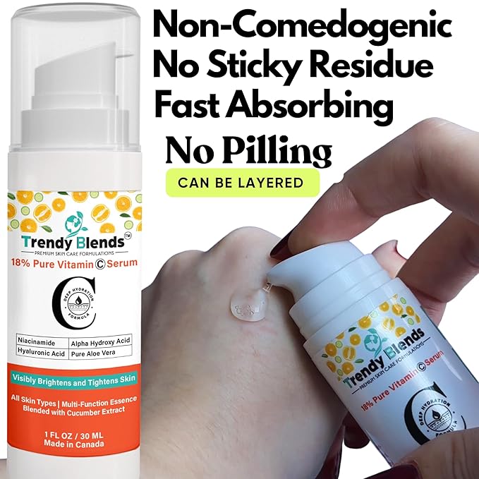 18% Pure Vitamin C For Face Serum | Hyaluronic Acid | Niacinamides | Even Skin Tone Moisturizer | Smooths Fine Lines with Deep Hydrating Formula 1Fl Oz