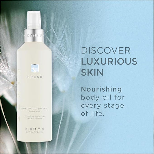 Zents Luminous Cashmere Body Oil (Fresh Fragrance) | Moisturizing Body Oil with Vitamin E & Organic Coconut Oil | Softens & Smooths Skin | 8 fl oz