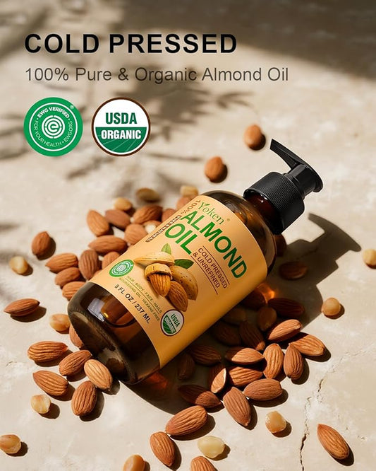 Yoken Organic Almond Oil 8 fl oz, USDA 100% Pure Natural Cold Pressed Almond Oils in Glass Bottle, Moisturizing Carrier Oil for Face, Hair & Body - Ideal for Skin Care, Soothing Massage & DIY Beauty