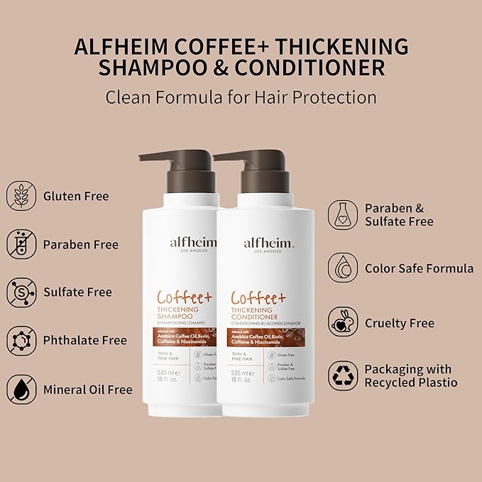 Alfheim Caffeine Shampoo & Conditioner Set | Energizing Hair Care with Biotin & Niacinamide | Strengthens Strands & Supports Scalp Balance | Sulfate-Free, Ideal for Oily Scalp & Fine Hair | 18 oz Each
