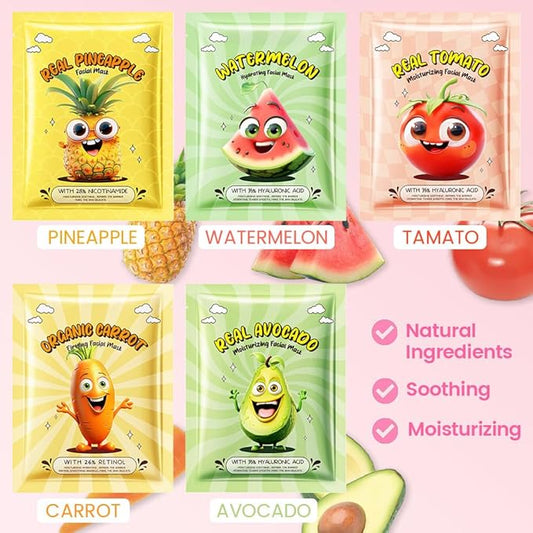 Kaely 10 Pack Fruit Face Masks for Kids, Kids Face Mask Spa Day Kit Supplies, Spa Party Favors for Teens Girls Women, Sheet Facial Mask Skincare Gifts Set, Moisturize Soothe for All Skin Types, 01