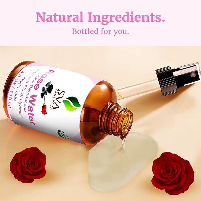SVA ORGANICS Rose Water 4oz (118 ml) Refreshing Rose Water Spray for Skin Care, Skin Hydration, Bath, Soaps, Haircare & Aromatherapy