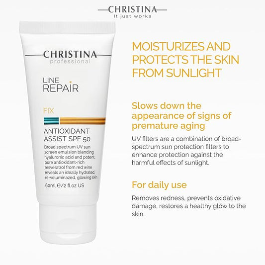 Christina Line Repair Fix Antioxidant Assist SPF 50 Sunscreen for Face - 60 ml - Broad Spectrum UVA/UVB Protection Daily Face Sunscreen with Hyaluronic Acid and Resveratrol