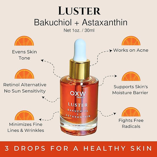 Luster Bakuchiol Retinol Alternative Face Oil For Anti-Aging, Fine Lines, Boost Glow, Antioxidant Nourishing Blend with Bakuchiol, Astaxanthin, Rosehip, Meadowfoam, Squalane, Pomegranate, Made In USA