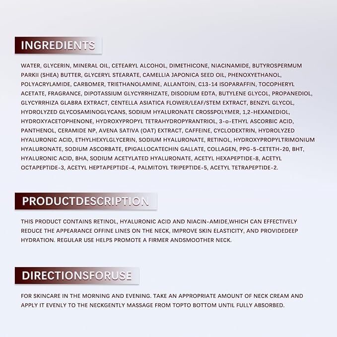 Neck Firming Cream, Anti-Aging Tightening And Lifting Treatment With Peptides, Retinol, Collagen & Hyaluronic Acid Cream For Neck, Face and Chest (1.7 Fl Oz)