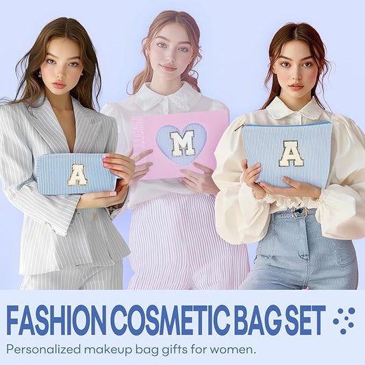 2 PCS Initial Makeup Bags for Women: Cosmetic Bag for Travel Toiletry - Birthday Gifts for 11 12 13 14 15 16 17 18 Years Old Girl Graduation Teacher Gift- Teen Girl Gifts Trendy Stuff - Blue K