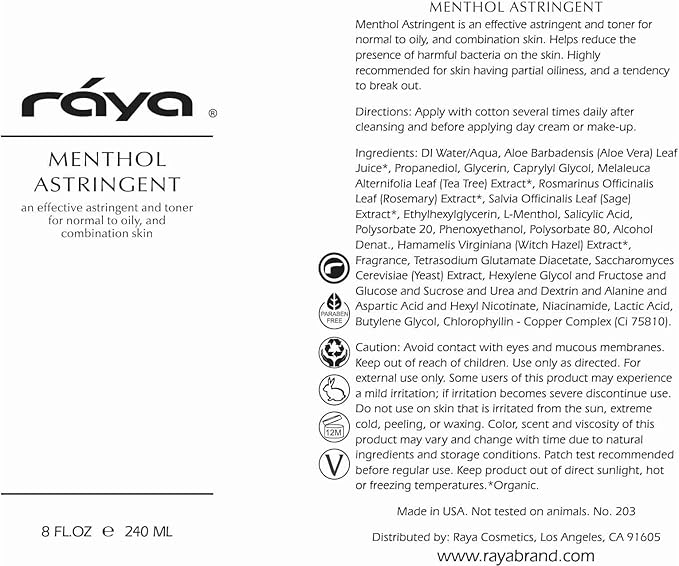 RAYA Menthol Astringent 6 oz (203) | Effective Facial Toner for Combination and Partially Oily Skin Prone to Break-Outs | Helps Refine, Tighten, and Protect pH Balance | Cools, Refreshes and Soothes