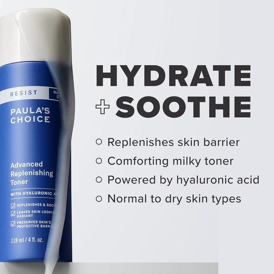 Paulaβs Choice Resist Advanced Replenishing Toner β Anti-Aging Facial Toner with Hyaluronic Acid, Vitamin C & E β Lightweight Hydrating Toner for Dry, Aging Skin β Fragrance-Free, 4 fl. oz