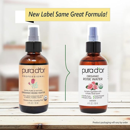 PURA D'OR 4 Oz Organic Rose Water Toner - USDA Certified 100% Pure Full Skin Hydration, Control Excess Oils- Cleanses & Softens - Promotes Healthy Skin - for All Skin Types (Packaging May Vary)