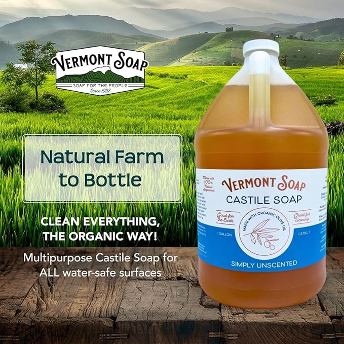 Vermont Castile Soap Unscented, Gentle Liquid Soap for Sensitive Skin & Natural Body Wash, Organic Hair Shampoo for Oily Hair, Aloe Castile Soap for Men & Women - Gallon