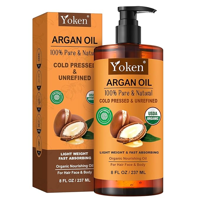 Yoken Argan Oil for Hair, Pure and Natural Morocco Argan Oil, Argon Oil For Hair, Scalp, Face & Skin Care, 100% Cold Pressed Hair Conditioner, Unrefined Argon Nails Carrier Oil (8 Fl Oz)
