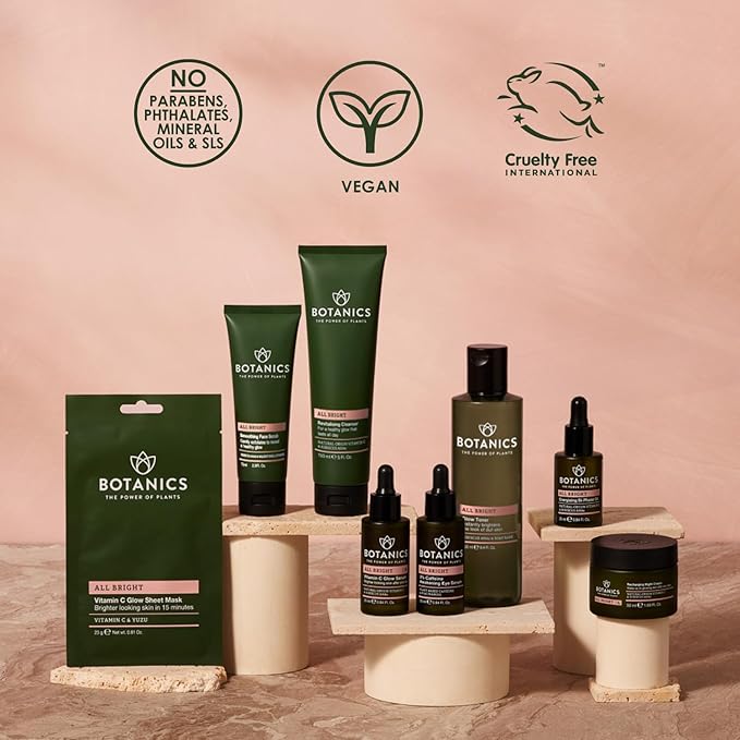 Botanics All Bright Glow Toner for Face - Enriched with Hibiscus AHA Exfoliant & Soap Bark - Non-Drying & Brightening - Vegan and Cruelty-Free Face Toner for Women & Men (8.4 Fl Oz)